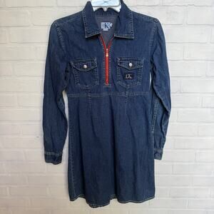 CALVIN KLEIN JEANS Blue Denim 100% Cotton Dress Red Accent Zipper sz 4